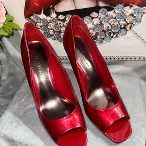 Apostrophe Red Patent Peep-Toe Heels